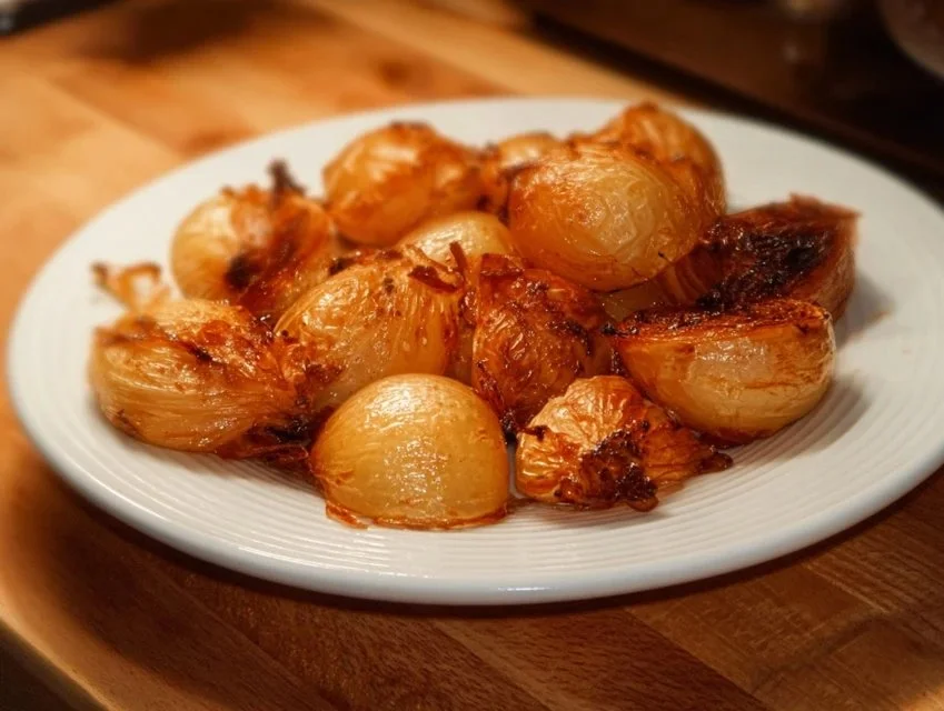 Crispy air fryer pearl onions served on a plate
