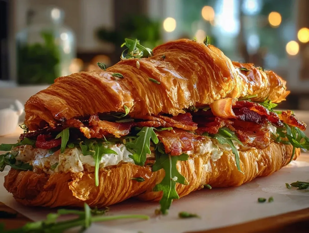 Apple and goat cheese croissant sandwich on a plate with fresh ingredients