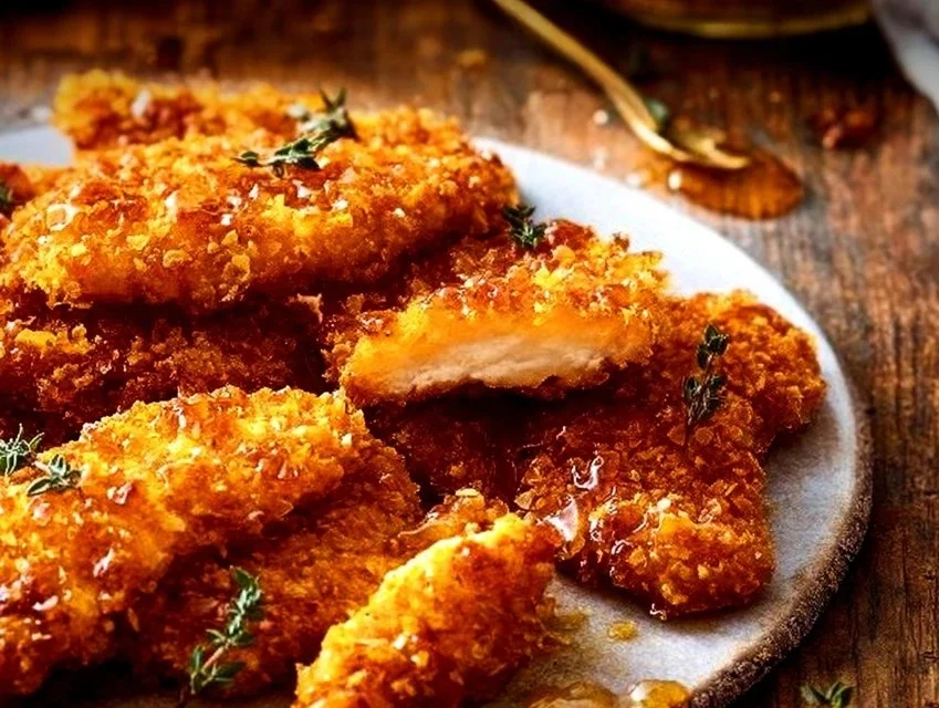 Baked Crunchy Hot Honey Chicken garnished with herbs and served on a plate