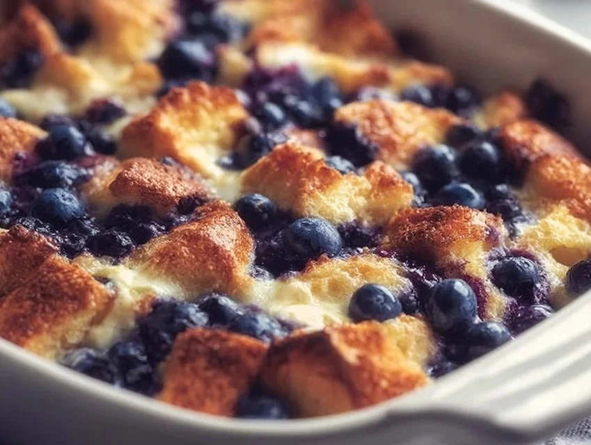 Delicious Blueberry French Toast Casserole served with fresh blueberries