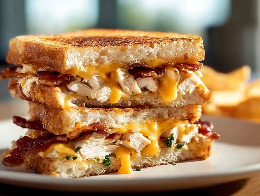 Cheddar Bacon Ranch Chicken Melt on a plate showcasing melted cheese and crispy bacon