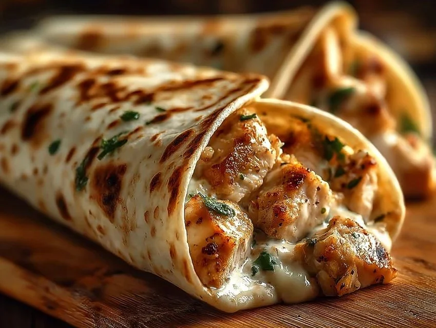 Cheesy garlic chicken wraps filled with flavorful ingredients