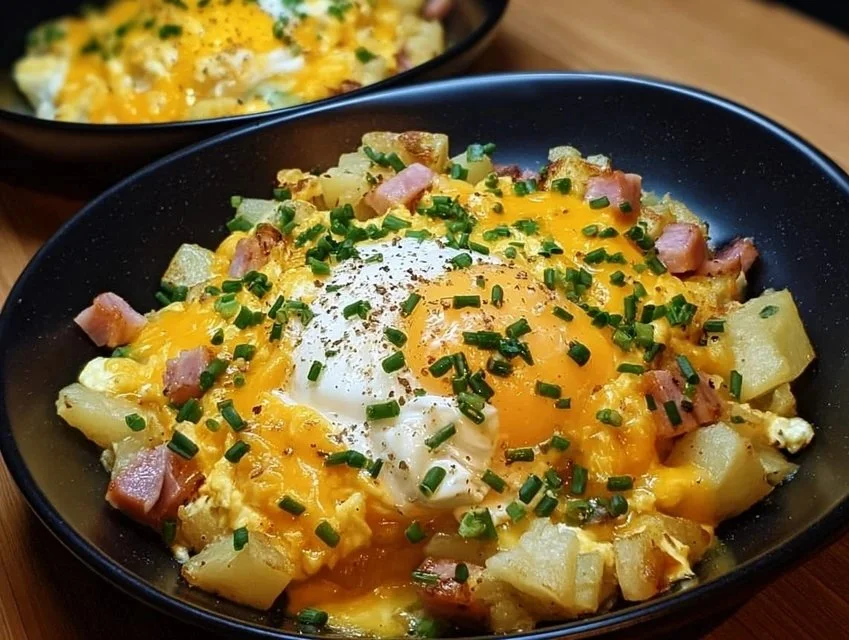 Delicious bowl of cheesy potato egg scramble topped with herbs