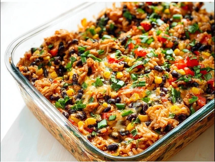 Delicious chicken burrito casserole topped with melted cheese and fresh ingredients
