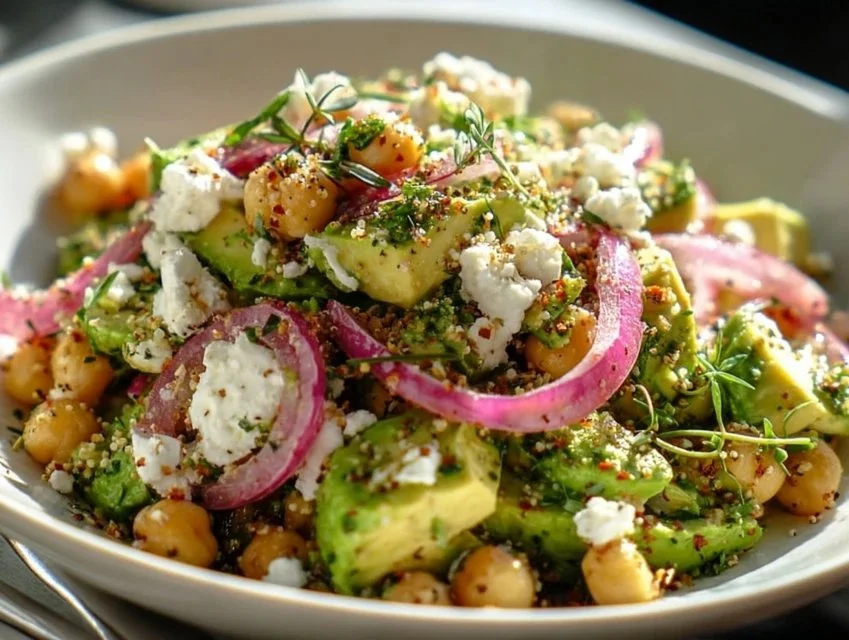 Chickpea Feta Avocado Salad with fresh vegetables in a bowl