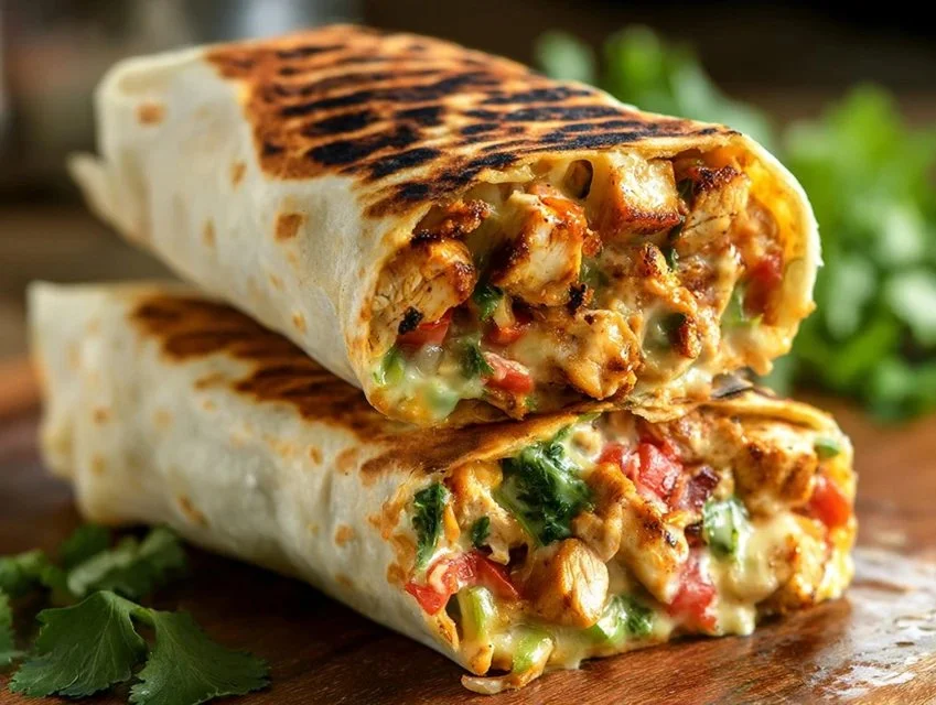 Delicious Chipotle Ranch Grilled Chicken Burrito with fresh ingredients