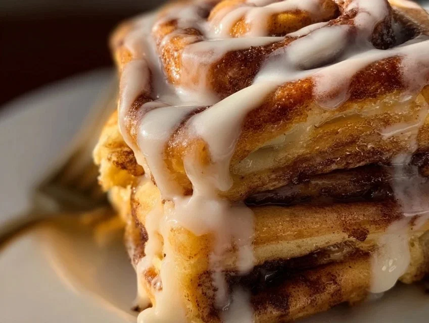 Plate of delicious cinnamon roll pancakes topped with icing and cinnamon sugar.