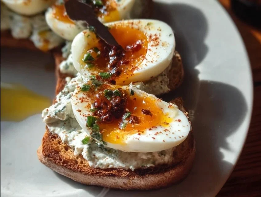 Creamy herbed yogurt served with soft-cooked eggs in a bowl