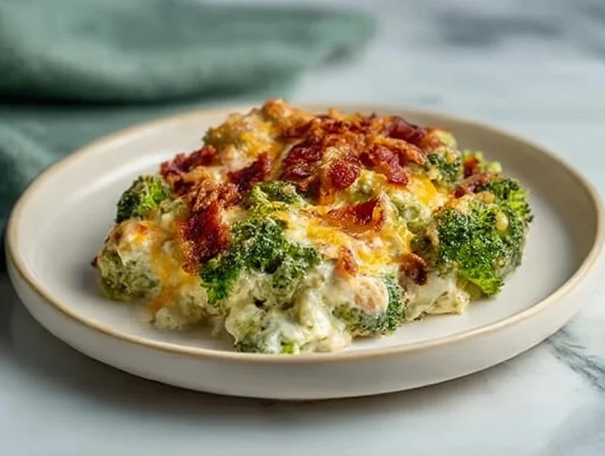 Creamy low carb chicken casserole with broccoli and bacon in a baking dish
