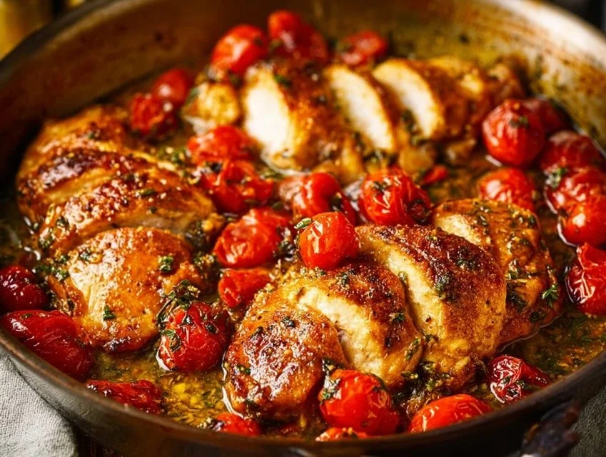 Creamy Pesto Chicken dish garnished with basil and served on a plate