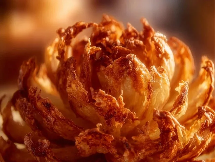 Crispy air fryer blooming onion served with dipping sauce