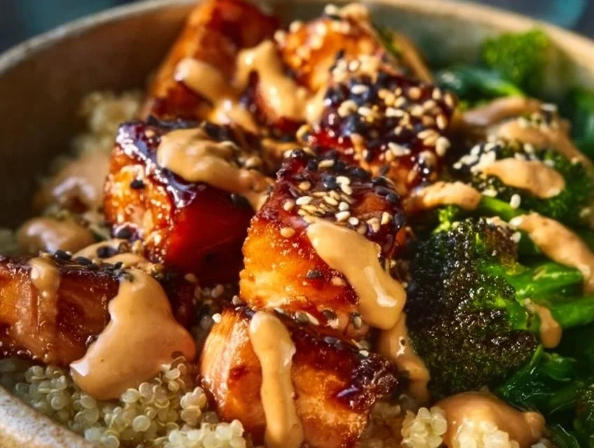 Delicious crispy Bang Bang Salmon Bites served in a vibrant bowl