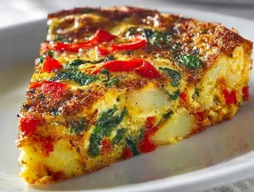 Easy frittata made with potatoes, red peppers, and spinach in a skillet.