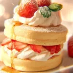 Fluffy Japanese soufflé pancakes stacked on a plate, topped with syrup and berries.