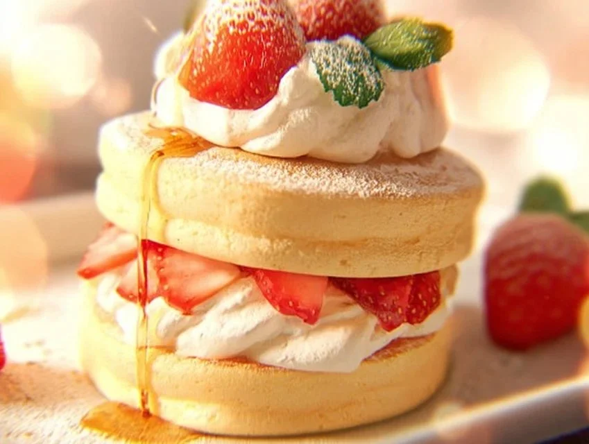 Fluffy Japanese soufflé pancakes stacked on a plate, topped with syrup and berries.