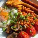 Full English Breakfast with eggs, sausages, bacon, and toast on a plate.