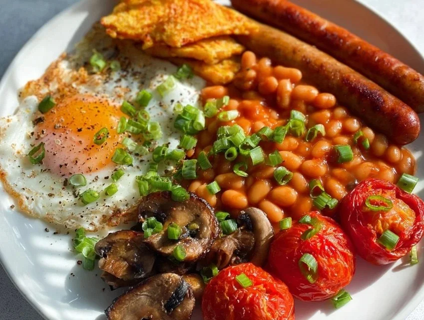 Full English Breakfast with eggs, sausages, bacon, and toast on a plate.