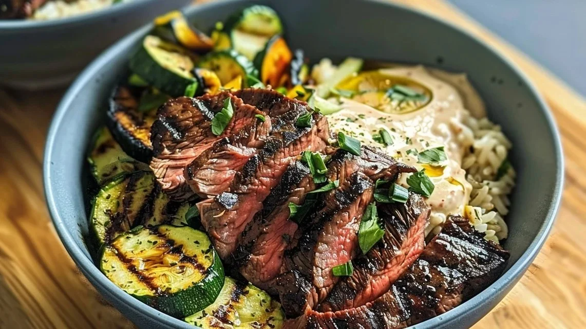 Grilled Steak Bowl with Sauce & Grilled Zucchini