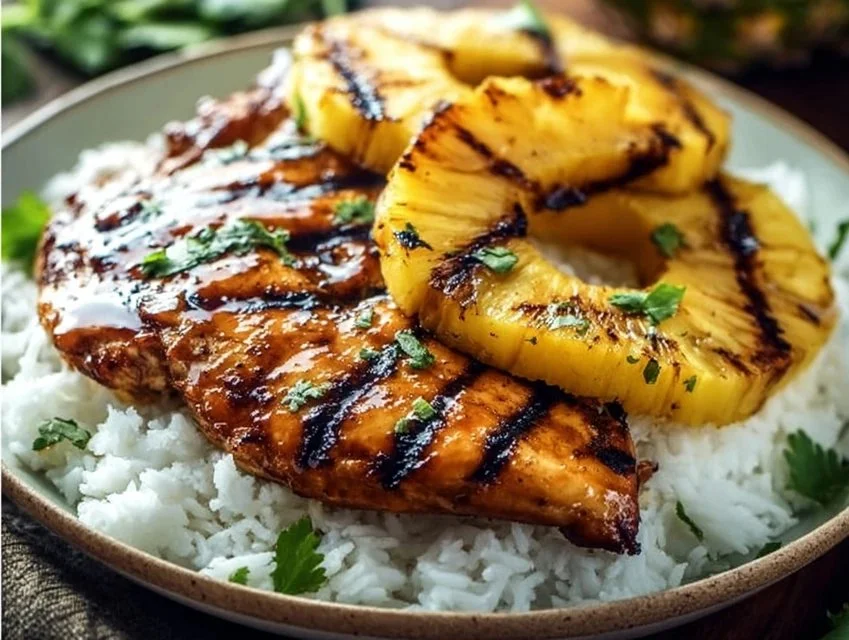 Delicious Hawaiian Chicken with pineapple and coconut rice on a plate.
