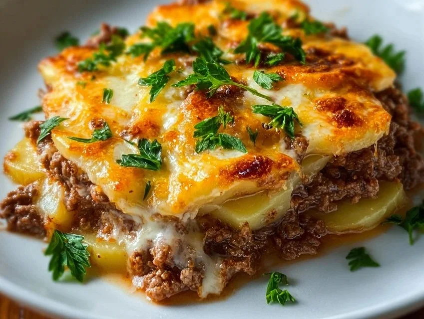 Delicious Hobo Casserole made with ground beef, vegetables, and cheese.