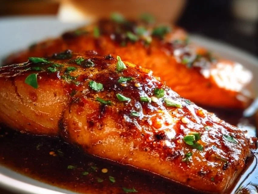 Honey Garlic Salmon dish garnished with herbs on a plate.