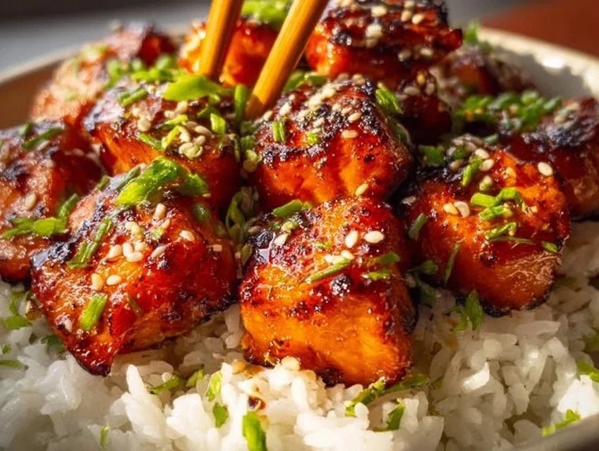 Delicious Honey Garlic Salmon Bites garnished and ready to serve.