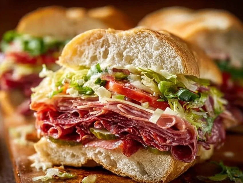 Italian Grinder Salad Sandwich with fresh veggies and meats on a sub roll