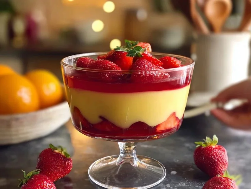 Delicious jelly custard trifle dessert layered with jelly, custard, and fruit