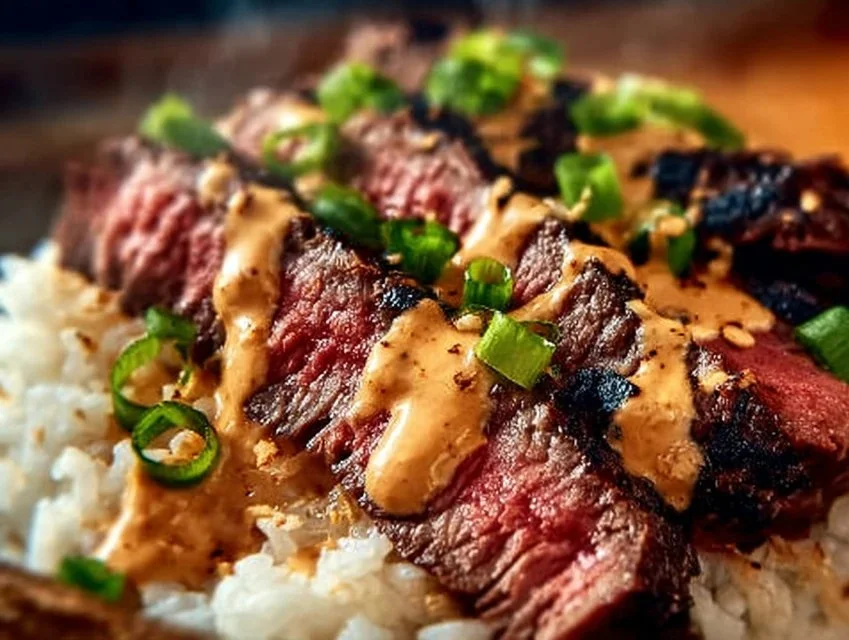 Korean BBQ Steak Rice Bowls with Spicy Cream Sauce