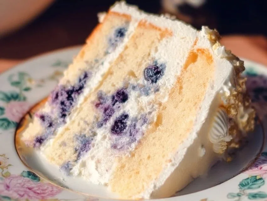 A slice of moist Lemon Blueberry Cake topped with blueberries and lemon zest.