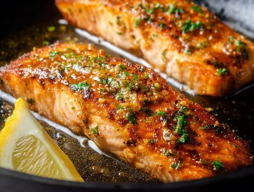 Delicious Lemon Garlic Butter Salmon served with fresh herbs and lemon slices