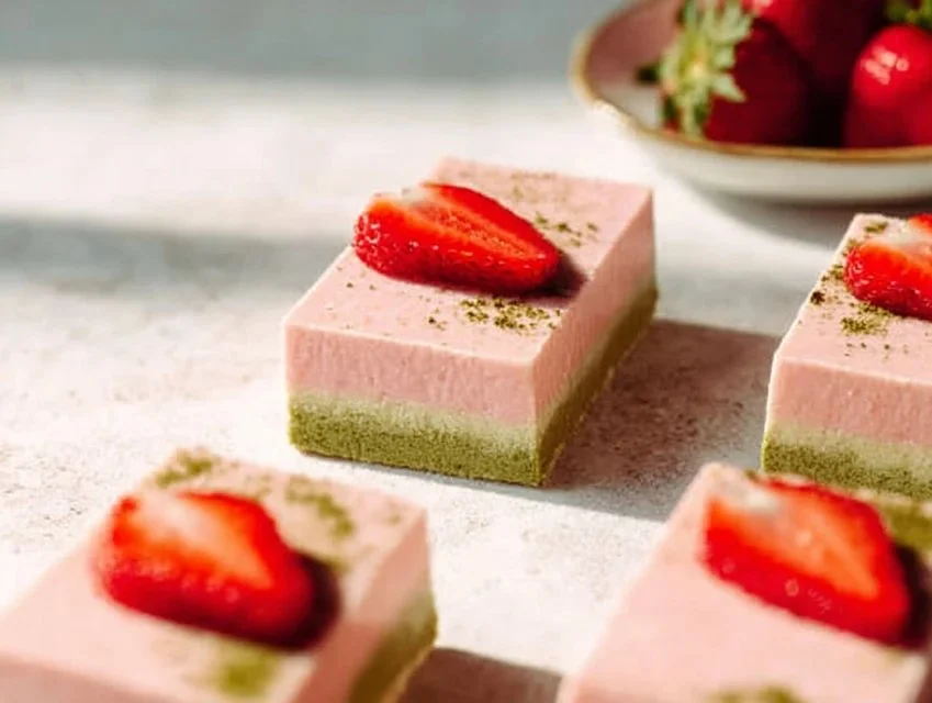 Homemade matcha strawberry cream bars with vibrant colors and layers.