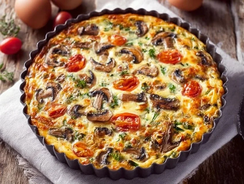 Delicious mushroom frittata served on a plate with herbs