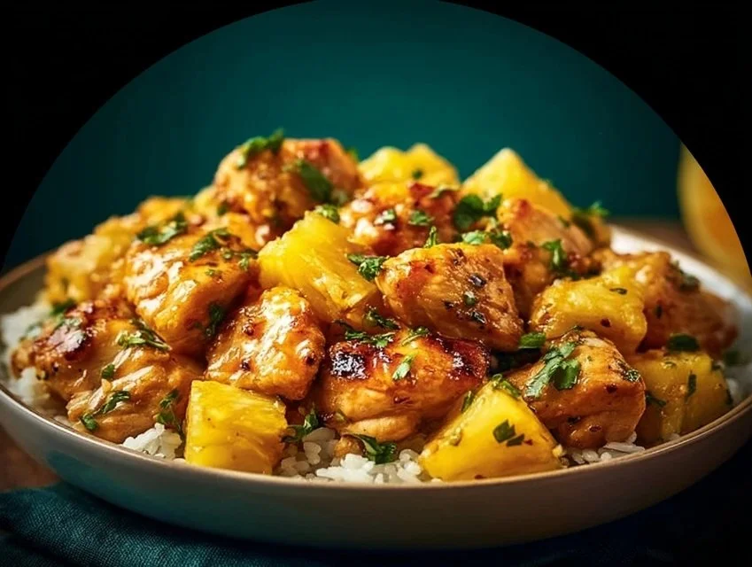 One-Pan Pineapple Chicken & Rice garnished with pineapple and green onions
