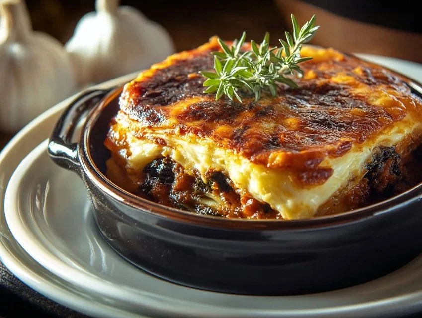 Delicious Greek Moussaka made with layers of eggplant, ground meat, and béchamel sauce.