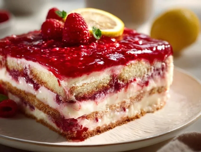 Delicious Raspberry Tiramisu topped with fresh raspberries and cocoa powder