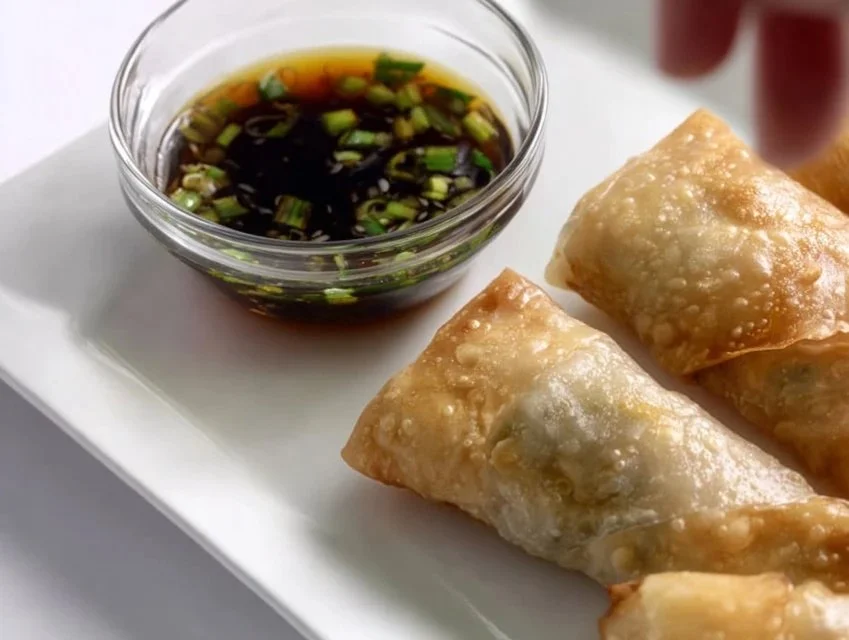 Plate of freshly made rice paper dumplings with vegetables and dipping sauce.