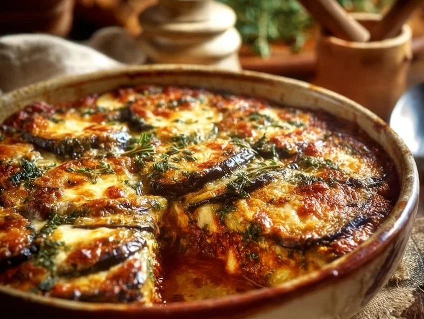 Delicious ricotta eggplant casserole freshly baked and ready to serve.