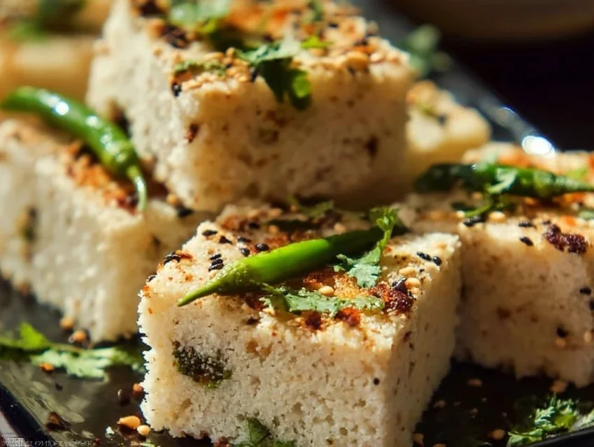 Delicious semolina steamed cake Dhokla served on a plate.