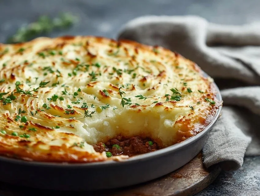 Delicious Shepherd's Pie topped with creamy mashed potatoes and savory meat filling