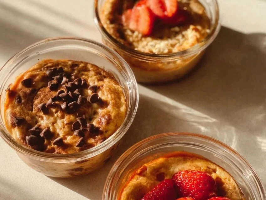 Single serving fluffy baked protein pancake bowl topped with fresh fruits