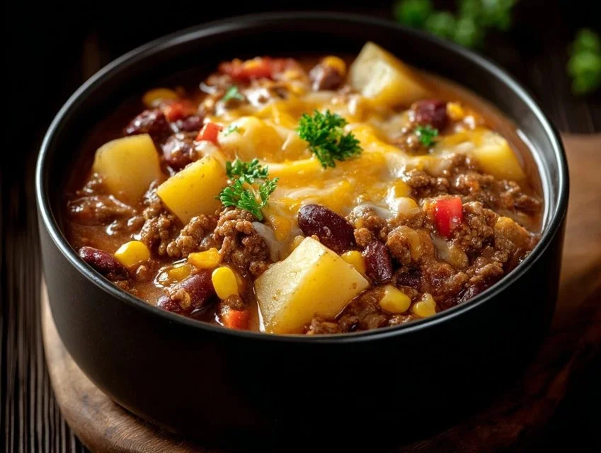 Slow Cooker Cowboy Casserole with beef, beans, and cheese in a crockpot