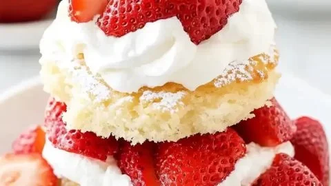 Delicious strawberry shortcake topped with fresh strawberries and whipped cream.