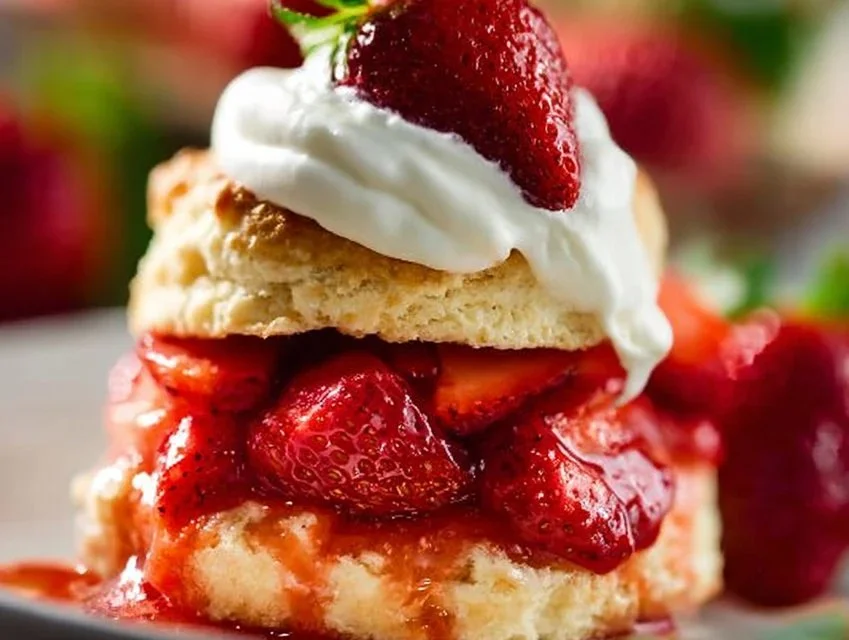 Delicious homemade strawberry shortcake with fresh strawberries and whipped cream
