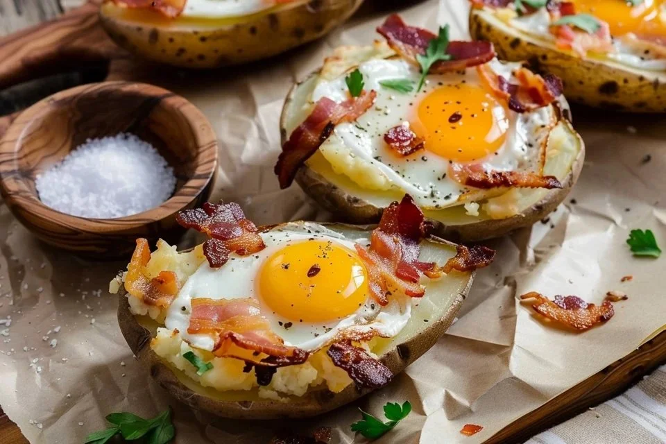 Twice Baked Loaded Breakfast Potatoes topped with cheese and bacon
