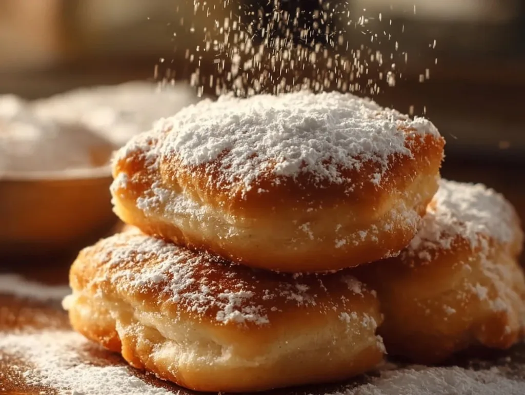 Fluffy Vanilla French Beignets dusted with powdered sugar on a plate