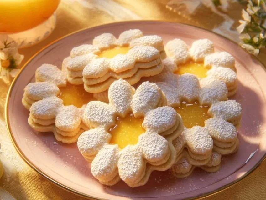 Plate of Vegan Lemon Curd Shortbread Cookies with a lemon slice garnish